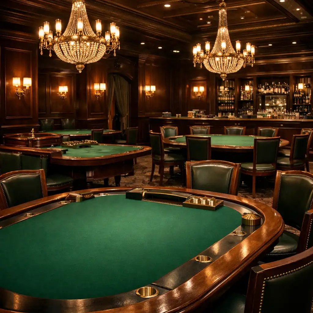 Sophisticated casino hall with dark wood paneling and green felt tables