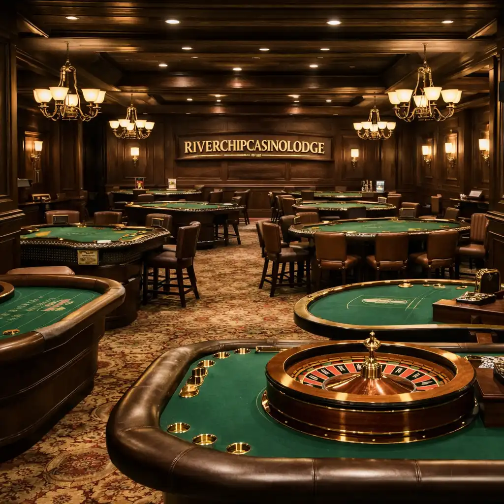 Elegant casino hall with physical blackjack and roulette tables