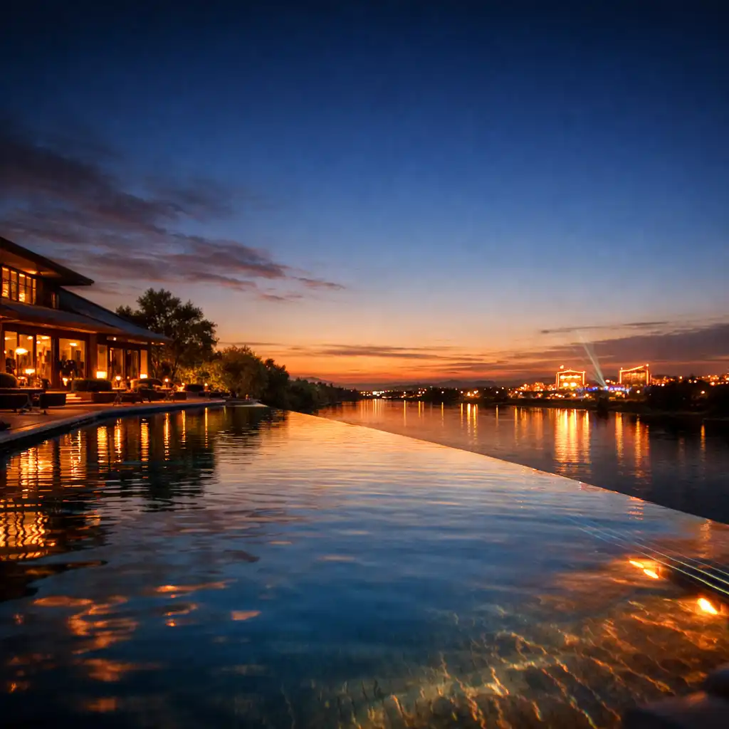 Outdoor infinity pool at dusk with the casino lodge glowing in the background