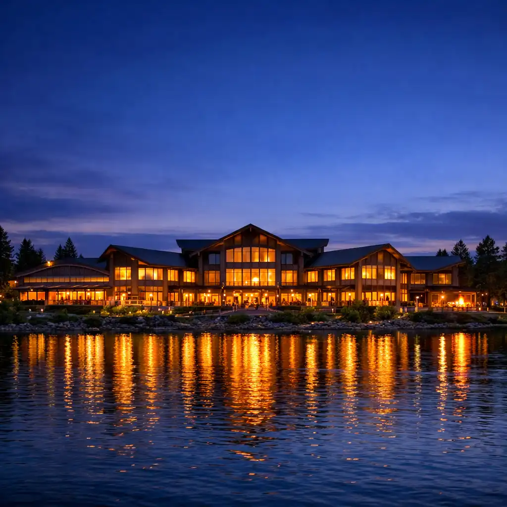 Riverchipcasinolodge Resort & Casino at dusk, viewed from across the river with smoked timber cladding and warm glowing windows