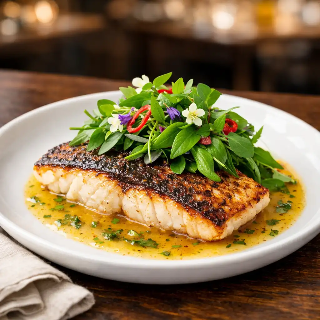 Grilled barramundi fillet with crispy skin, served with lemon myrtle butter sauce and native herb salad