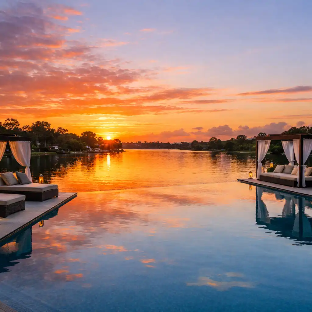 Outdoor infinity pool at sunset with river views and relaxation terraces