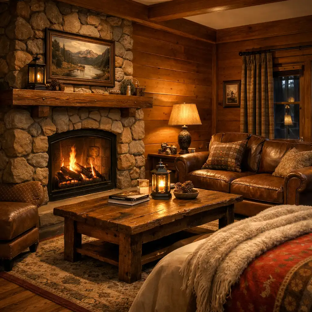 Cozy lodge suite interior with warm timber paneling and a stone fireplace
