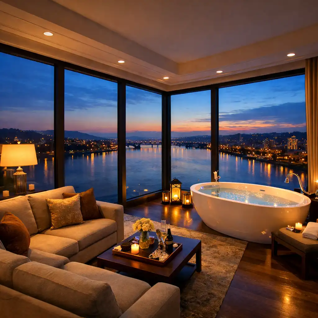 Luxury bathroom with a deep soaking tub beside a large window overlooking a river at sunset