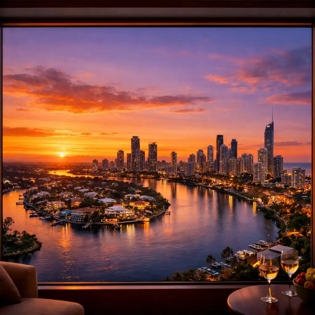 Panoramic view of the Gold Coast river winding through the city at sunset