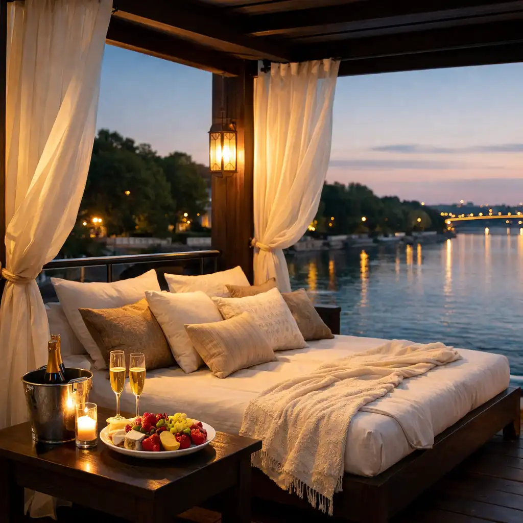 Private cabana with sheer curtains, a daybed with plush pillows, and a table with fruit and champagne overlooking the river