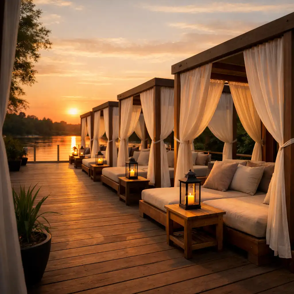Private cabanas with white curtains and daybeds on a relaxation terrace overlooking the river