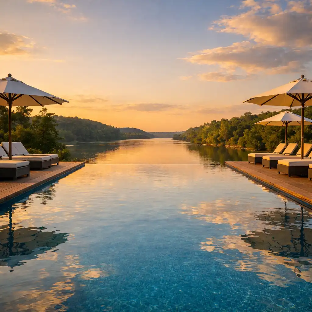 Outdoor infinity pool at golden hour with a relaxation terrace and river views