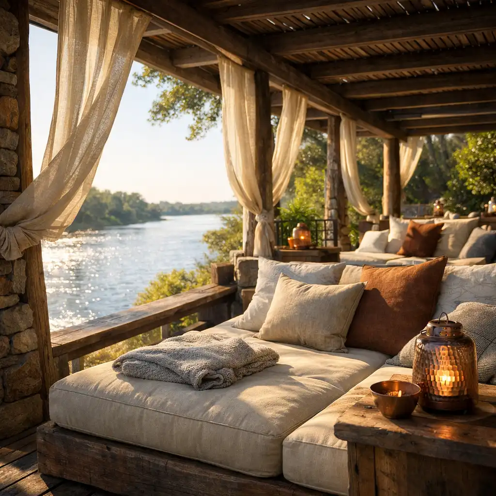 Relaxation terrace with daybeds and river views at the lodge