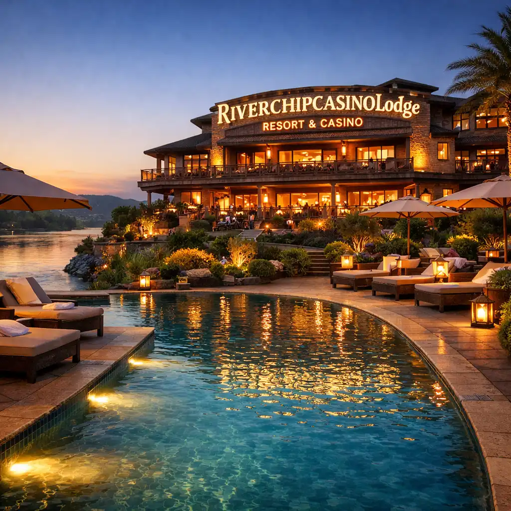 Resort outdoor area with relaxation terraces, infinity pool, and river in the background