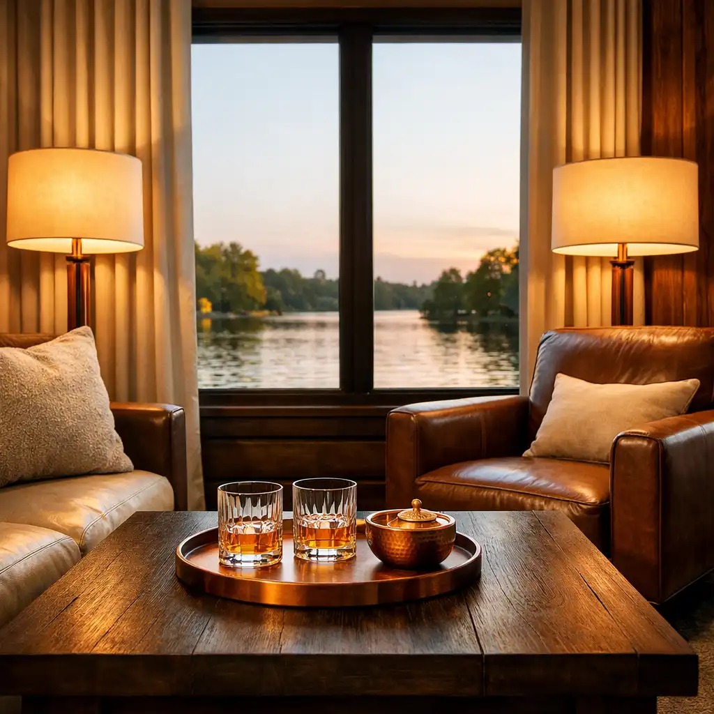 Luxury river suite with floor-to-ceiling windows overlooking the Nerang River