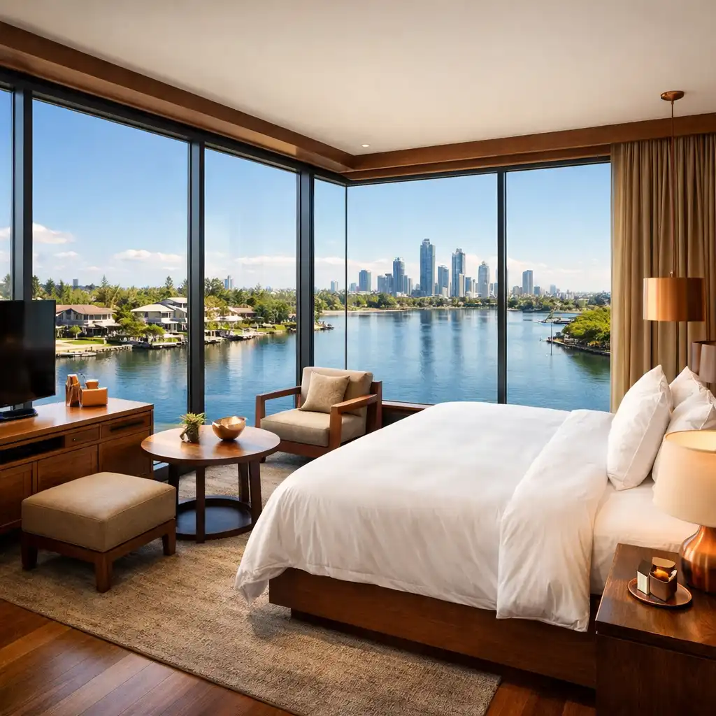 Luxury river suite with floor-to-ceiling windows and panoramic Gold Coast river view