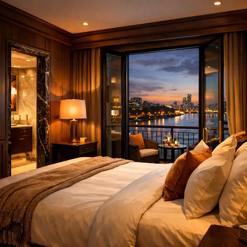 Luxury suite with floor-to-ceiling windows overlooking a panoramic river view