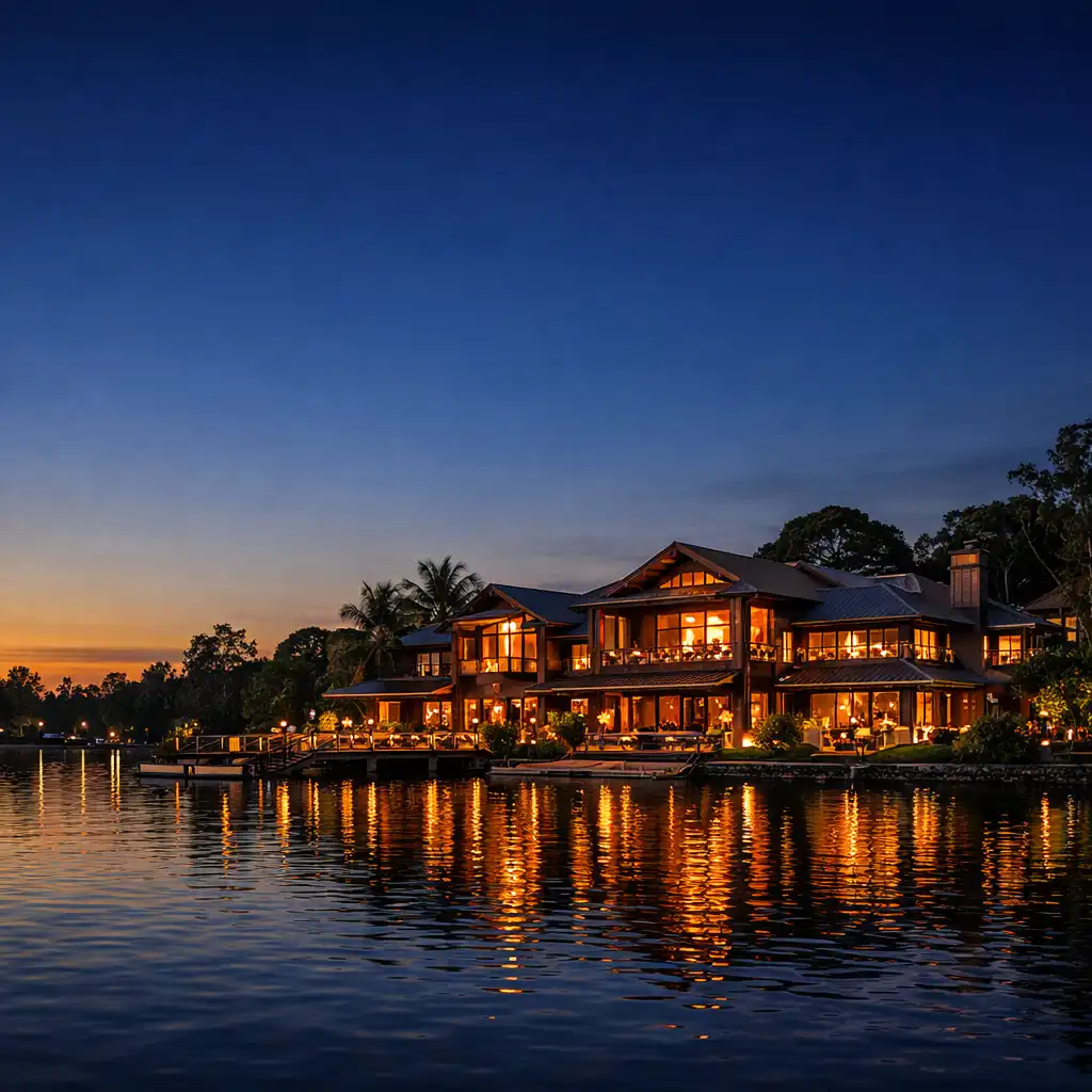 Riverchipcasinolodge resort at dusk with warm lights reflecting on the Nerang River