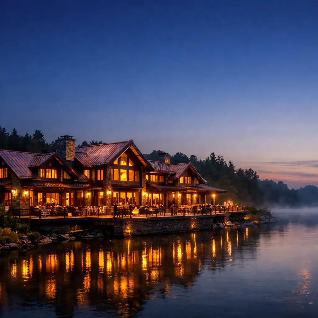 Riverfront lodge at dusk with warm lights reflecting on the river