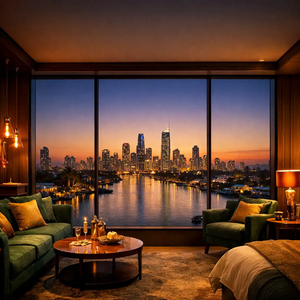 Riverfront suite with floor-to-ceiling windows overlooking the Gold Coast river at dusk