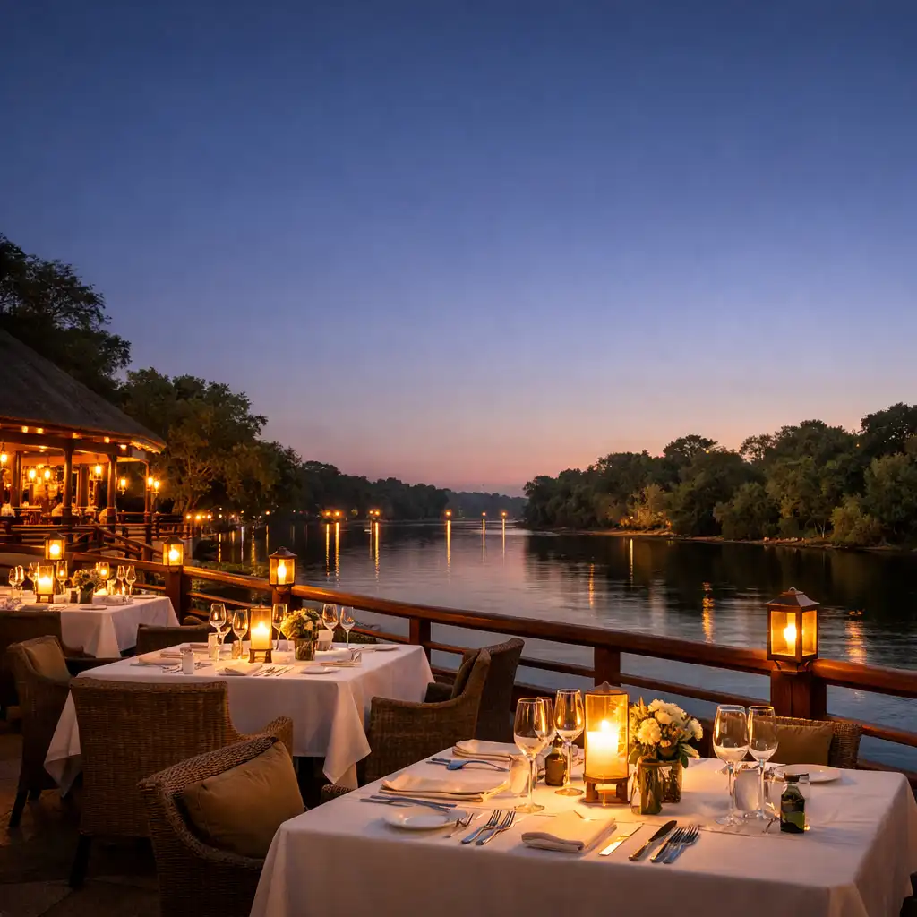 Outdoor dining terrace at the Waterfront Grill with tables set for dinner, overlooking the Nerang River at dusk