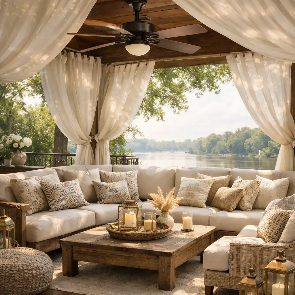 Shaded lounge area with a large canopy, comfortable sofas, patterned cushions, and a ceiling fan