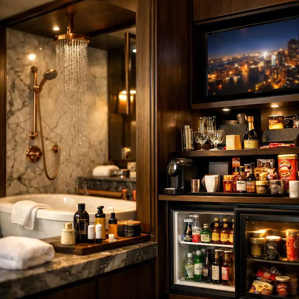 Suite interior with marble bathroom, rainfall shower, and stocked minibar