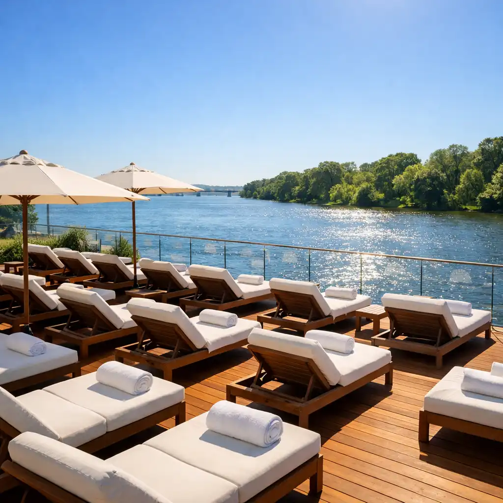 Expansive sun deck with rows of loungers, folded towels, and umbrellas overlooking a sparkling river