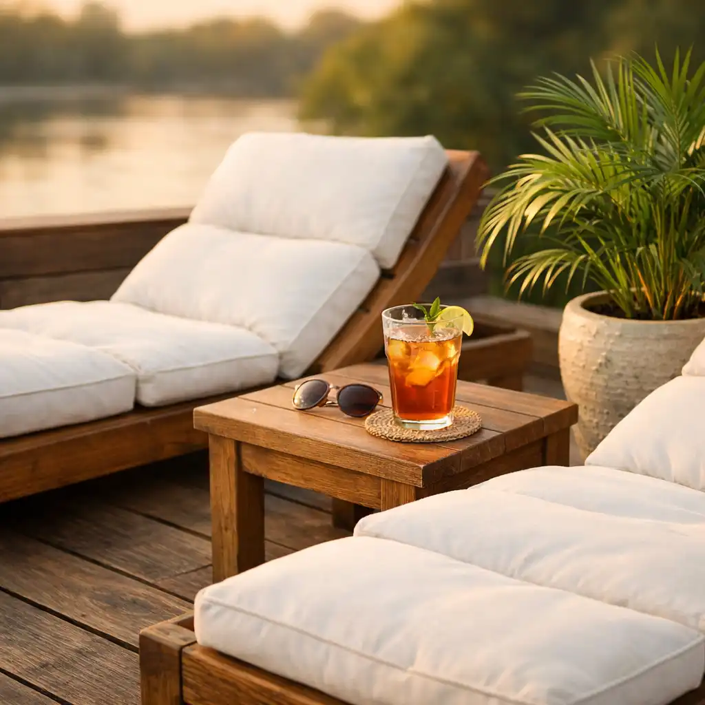 Close-up of wooden loungers with plush white cushions and a side table on the relaxation terrace, with a blurred river view in the background