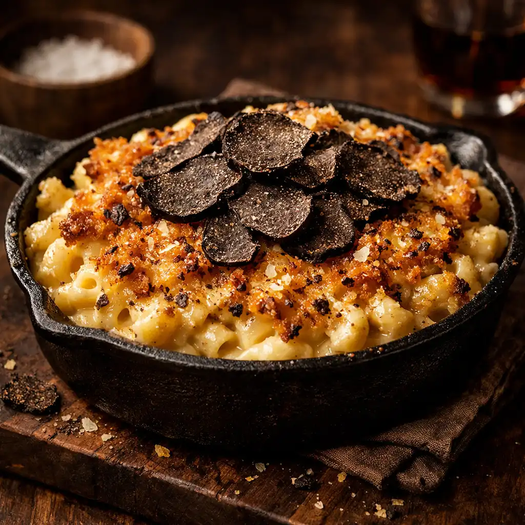 Cast iron skillet filled with truffle mac and cheese, topped with crispy parmesan crust and shaved black truffle