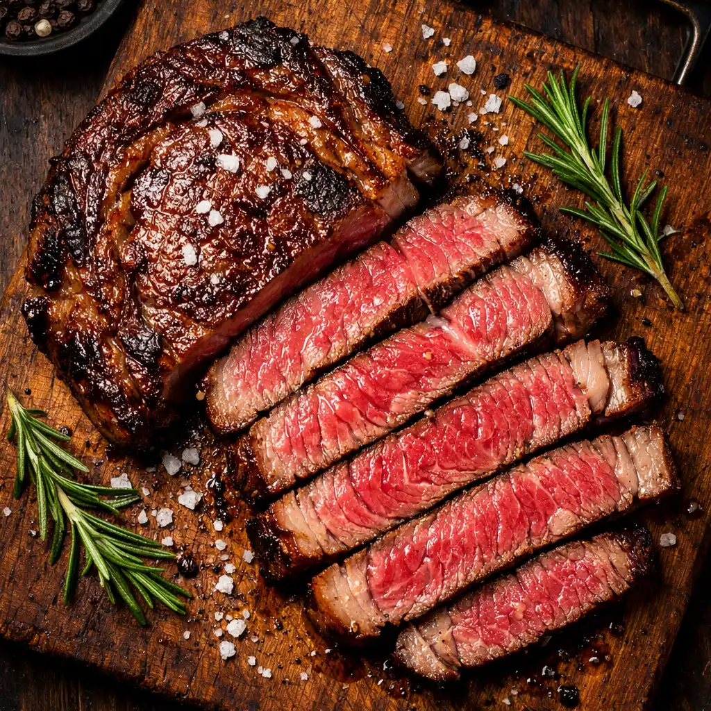 Sliced wagyu ribeye steak on a wooden cutting board, garnished with rosemary and sea salt