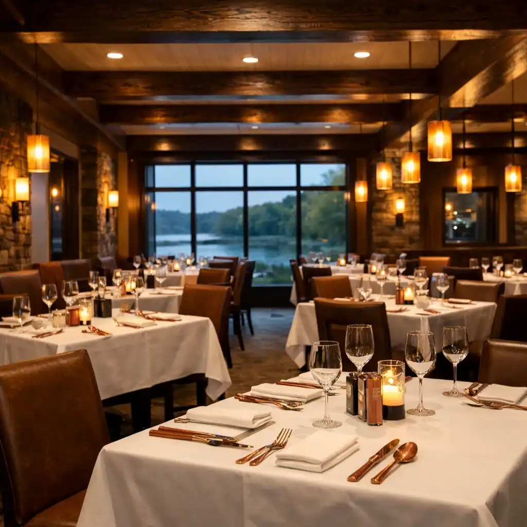 Sit-down tables in the Waterfront Grill restaurant dining room overlooking the river