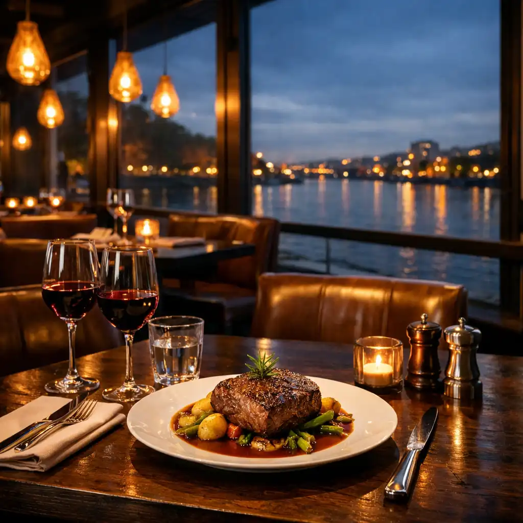 Waterfront Grill restaurant dining room with sit-down tables, river views and warm pendant lighting