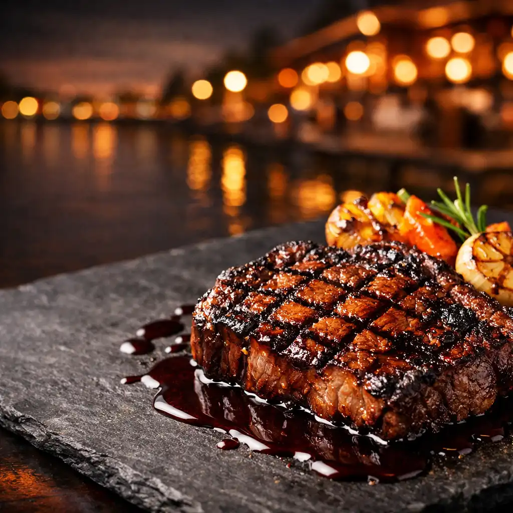 Grilled wagyu ribeye steak served on a dark slate plate with roasted vegetables and red wine jus, with a blurred riverfront terrace at dusk in the background