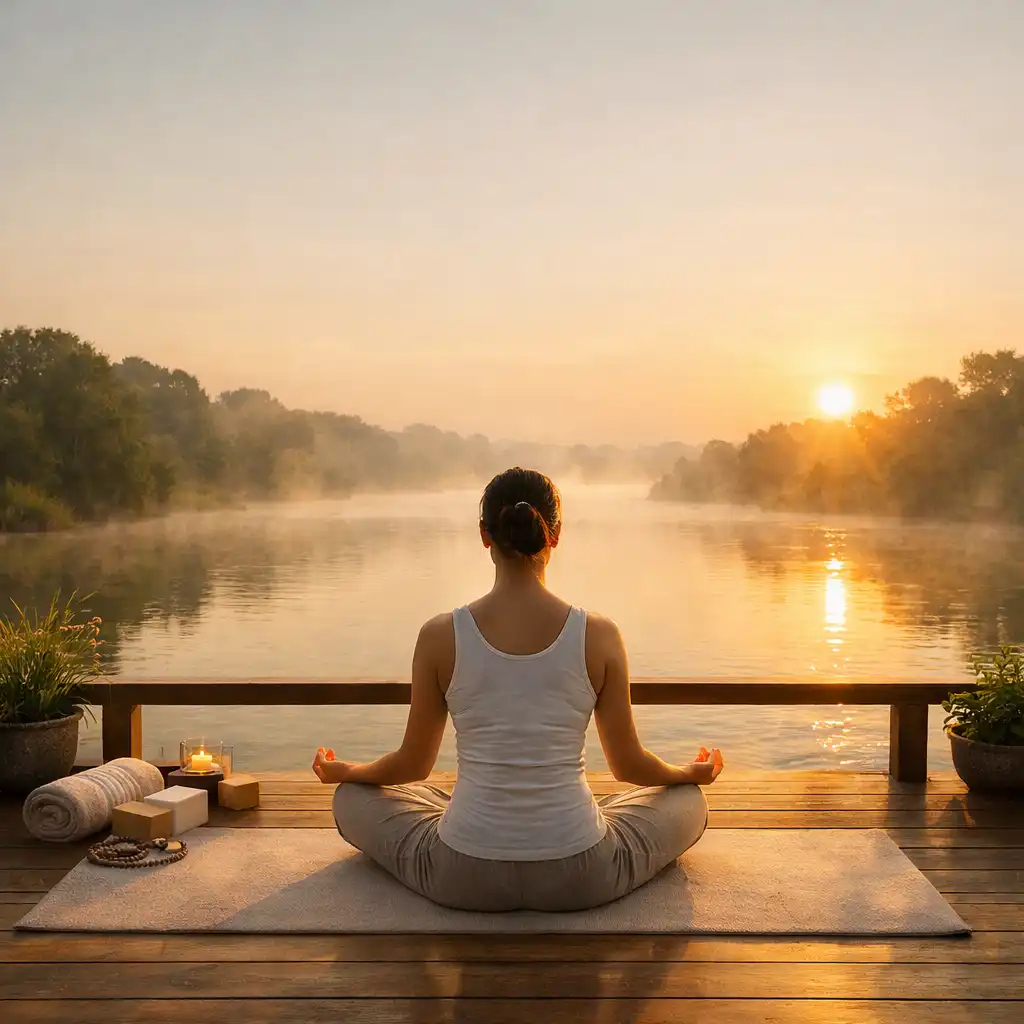 Person in a meditative yoga pose on a terrace facing a misty river at sunrise